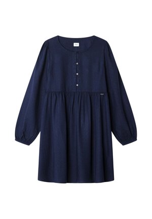 Robe bleu marine à manches longues, encolure ronde, taille froncée et trois boutons sur la patte de boutonnage avant.