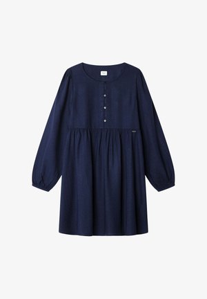 Robe bleu marine à manches longues, encolure ronde, taille froncée et trois boutons sur la patte de boutonnage avant.