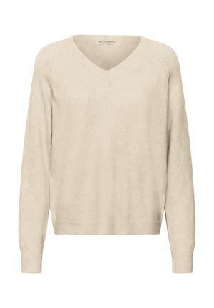 Beige knitted sweater with a V-neck, long raglan sleeves, and ribbed cuffs and hem. Soft texture with a relaxed fit.