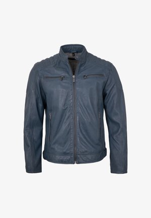 Blaue Lederjacke mit Stehkragen, Frontreißverschluss und vier Reißverschlusstaschen, mit gepolsterten Schulterdetails.