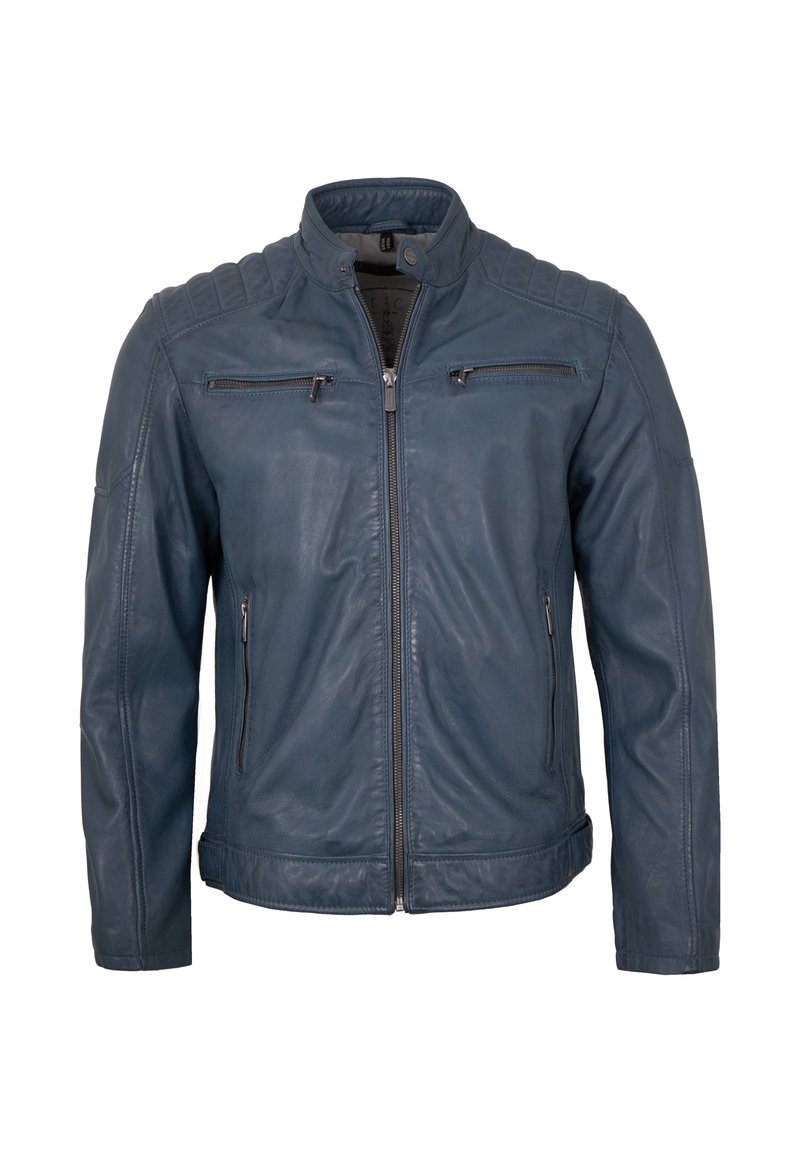 Blaue Lederjacke mit Stehkragen, Frontreißverschluss und vier Reißverschlusstaschen, mit gepolsterten Schulterdetails.