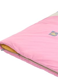 Roze katoenen slaapzak met een gele binnenkant en metalen rits. Kenmerkt zich door een kleurrijk logo en een soepele textuur.