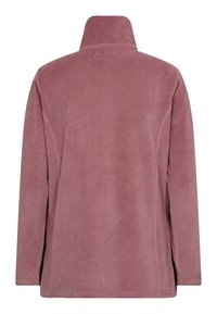 Fleece jacket in dusty rose, featuring a high collar, long sleeves, and a smooth texture. Straight cut and minimalistic design.
