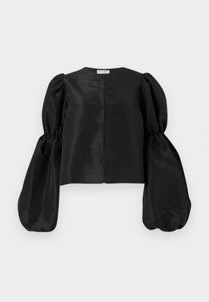 Top corto nero realizzato in satin, con maniche puff voluminose e scollo rotondo. Presenta un design frontale pulito e senza cuciture.
