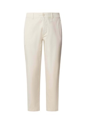 Pantalones de algodón beige con corte recto, cierre de botón, bolsillos frontales y una textura suave. Diseño hasta el tobillo sin herrajes visibles.