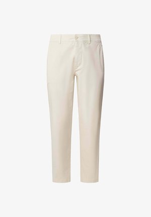 Beige bombažne hlače s ravnim krojem, z gumbom za zapiranje, sprednjimi žepi in gladko teksturo. Hlače do gležnjev brez vidnih kovinskih delov.