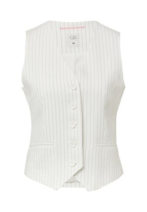 Weißes Nadelstreifen-Weste mit V-Ausschnitt, fünf Knöpfen, zwei Seitentaschen und tailliertem Design. Hergestellt aus strukturiertem Stoff. Größenetikett sichtbar.