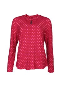 Rotes Langarmoberteil mit pinken Polka-Dots, Rundhalsausschnitt mit Schlüsselaugen-Detail und legerem Schnitt, aus einem weichen Stoff gefertigt.