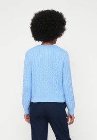 Gaiši zils adīts džemperis ar ribotām piedurknēm un apakšmalu, ar klasisku apaļu kaklu un rakstainu struktūru, uzvilkts virs tumšajiem biksēm.