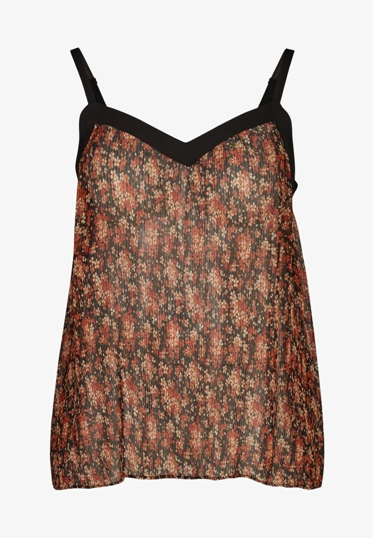 Haut sans manches plissé à imprimé floral, encolure en V noire et fines bretelles noires.