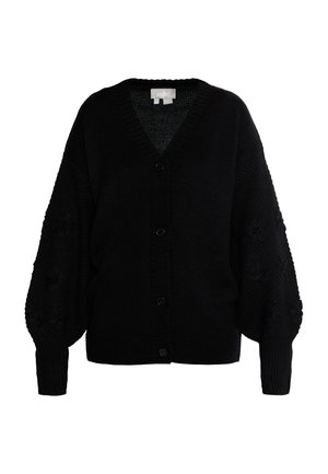 Sort strikket cardigan med v-hals, strukturerede ærmer og seks knapper i fronten. Har blomsterdesign på ærmerne.