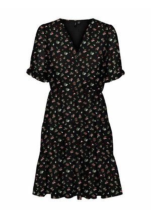 Zwarte jurk tot op de knie met kleine rode en witte bloemenprint, V-hals, korte gerimpelde mouwen en gelaagde rok.