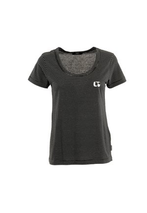 T-shirt à manches courtes noir et blanc rayé avec un décolleté arrondi et un petit logo blanc. Fabriqué en tissu doux avec une texture lisse.