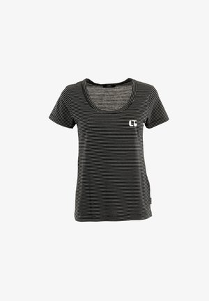 Zwart-wit gestreepte T-shirt met korte mouwen en een ronde halslijn, voorzien van een klein wit logo. Gemaakt van een zachte stof met een gladde textuur.