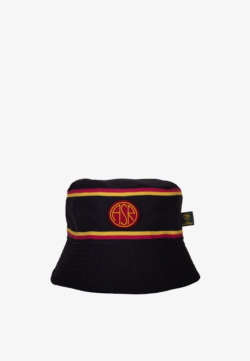Zwarte bucket hat met rode en gele horizontale strepen, met een ronde geborduurde logo "ASR" aan de voorkant en een groene label aan de zijkant.