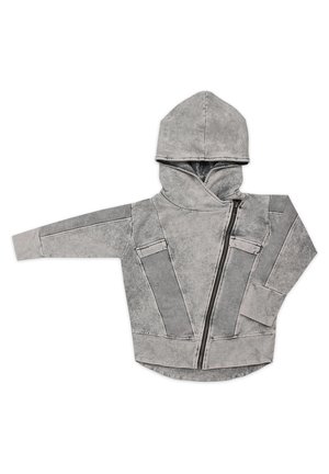 Szara bluza z kapturem z asymetrycznym zamkiem z przodu oraz prążkowanymi panelami na rękawach i przodzie.