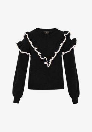 Černý svetr s volánovými detaily v kontrastní bílé, dlouhými rukávy a kulatým výstřihem se strukturovaným povrchem.