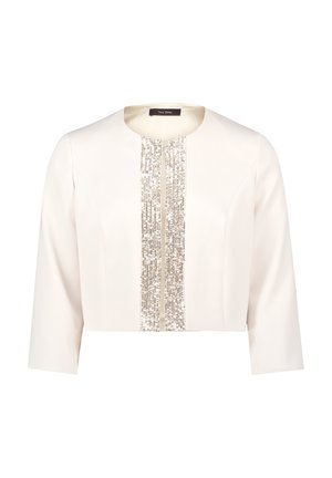 Cropped cream jacket with three-quarter sleeves and a central sequin panel. Smooth texture; features a round neckline and tailored fit.