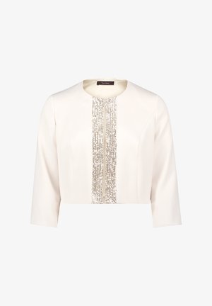 Kürzere Cremefarbene Jacke mit Dreiviertelärmel und einem zentralen Paillettenpaneel. Glatte Textur; verfügt über einen runden Halsausschnitt und eine taillierte Passform.