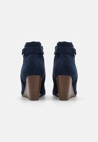 Une paire de bottines en daim bleu marine avec des talons en bois empilés et des brides ajustables au niveau de la cheville, vue de l'arrière.