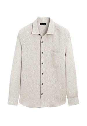 Light gray long-sleeve shirt in a textured fabric with a pointed collar, black buttons, and a single pocket on the left side.