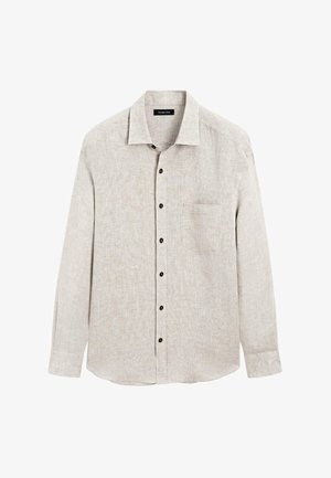 Lichtgrijze shirt met lange mouwen van een gestructureerde stof, met een puntige kraag, zwarte knopen en een enkele zak aan de linkerzijde.