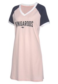 Rosa Baumwoll-T-Shirt-Kleid mit marineblauen Raglanärmeln. Mit einem V-Ausschnitt und dem auffälligen Text "KINGAROOS", darunter ein Känguru-Grafik.