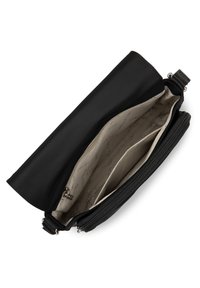 Borsa in nylon nera con chiusura a zip. Interno in tessuto beige con più scomparti per l'organizzazione. Texture liscia in tutto.
