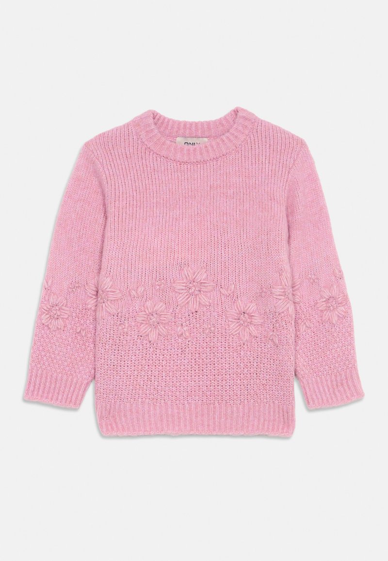 Ροζ πλεκτό πουλόβερ με στρογγυλή λαιμόκοψη, που διαθέτει υφή λουλουδιών κεντημένη κατά μήκος του κάτω μπροστινού μέρους και ribbed μανίκια και τελείωμα.