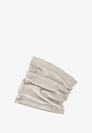 Gaiter per il collo beige realizzato in morbido tessuto felpato, con un design leggermente plissettato e un logo discreto lungo il bordo superiore.