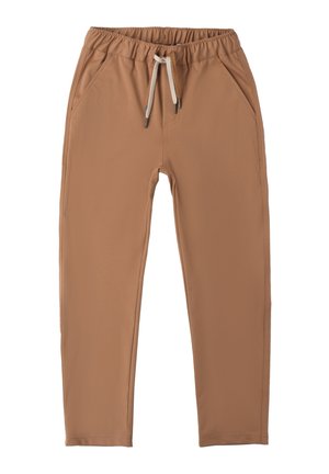 Braune, dehnbare Hosen aus weichem Stoff mit elastischem Bund, Kordelzugverschluss und Seitentaschen. Glatte Textur, taillierter Schnitt.