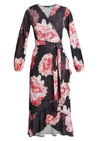 Svart blommig omlottdress med långa ärmar, som har stora rosa pionmönster, ett knytskärp i midjan och en instickad nederdel. Lättviktsmaterial.