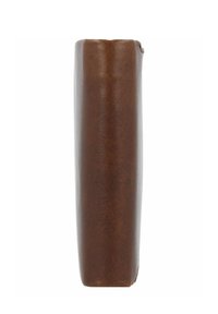 Portafoglio in pelle marrone con texture liscia, forma rettangolare, bordi arrotondati e un leggero dettaglio in rilievo sulla superficie.