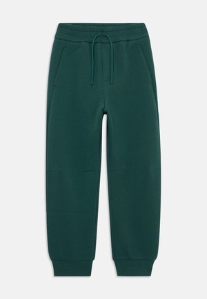 Pantalones jogger de color verde oscuro con cinturilla elástica, cordón, bolsillos laterales, costuras en las rodillas y puños de canalé en los tobillos sobre un fondo blanco.