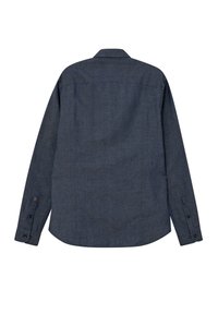 Mørkeblå denim skjorte med lange ærmer, lige kant, standard krave og knappe manchetter. Blød tekstur uden synlige mønstre.