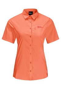 Chemise à manches courtes à boutons de couleur orange vif. Comprend une poche poitrine et un logo. Fabriquée dans un matériau texturé et léger.