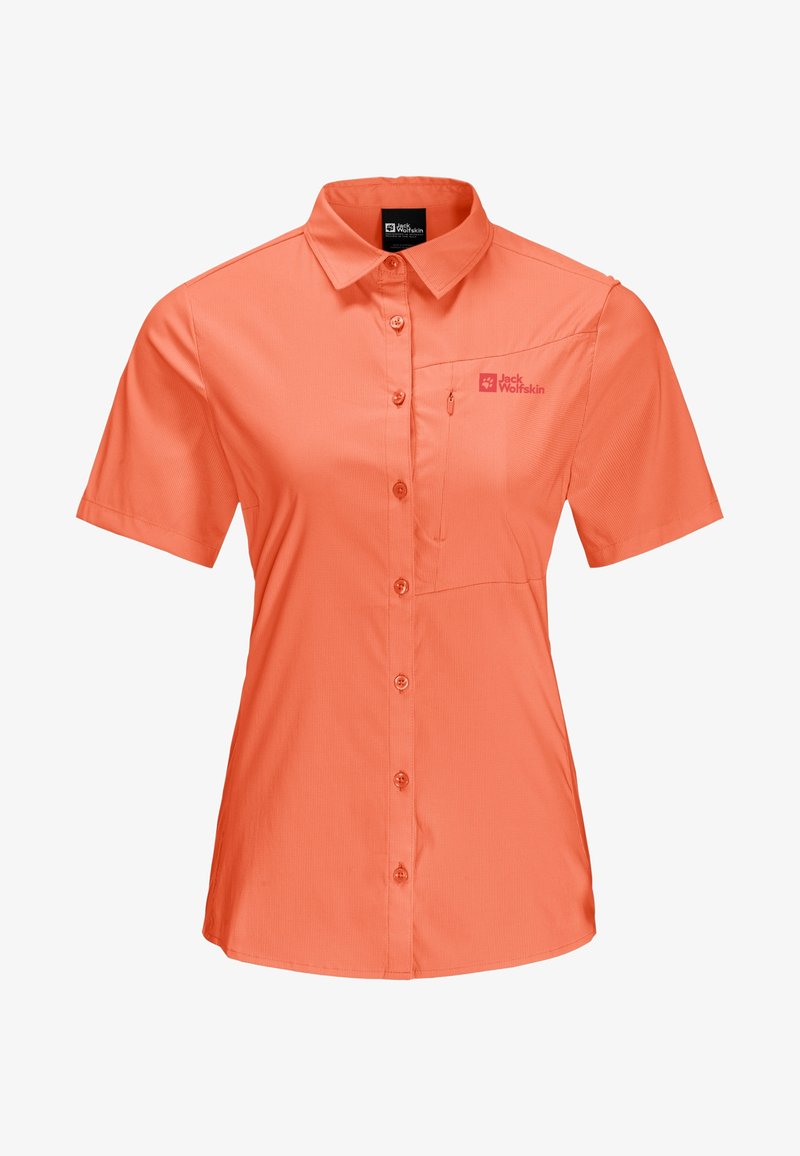 Chemise à manches courtes à boutons de couleur orange vif. Comprend une poche poitrine et un logo. Fabriquée dans un matériau texturé et léger.