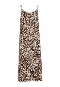 Abito maxi con stampa leopardata e spalline sottili, caratterizzato da un design fluido. I colori includono beige, nero e marrone in una morbida texture di tessuto.