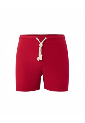 Rote Badeshorts mit weißem Kordelzug am elastischen Bund, geradem Schnitt und knielanger Länge.