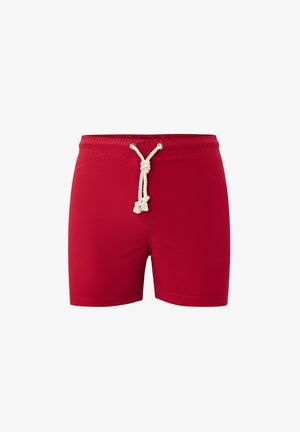 Rote Badeshorts mit weißem Kordelzug am elastischen Bund, geradem Schnitt und knielanger Länge.