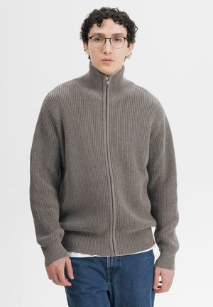 Young man with curly hair and glasses wearing a gray zip-up knitted sweater and blue jeans, standing against a plain white background.