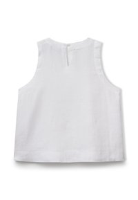 Bílý bezramínkový top vyrobený z lnu, s kulatým výstřihem, zapínáním na knoflíky na zadní straně a volným střihem s minimálním švem.