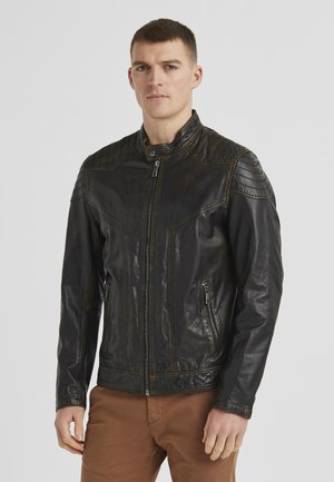 Black leather jacket with quilted shoulder accents, zipper pockets, and a stand-up collar. Smooth texture with a fitted design.