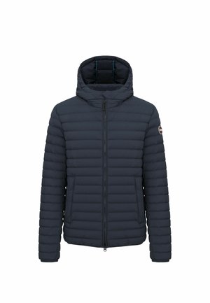 Blaue Pufferjacke, gesteppter Design mit Kapuze, zwei Fronttaschen und durchgehendem Reißverschluss. Mit elastischen Bündchen und leichtem Glanz.