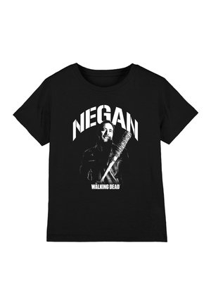 Black T-shirt with graphic of a man holding a barbed wire bat, large text "NEGAN" above, and "The Walking Dead" logo below.