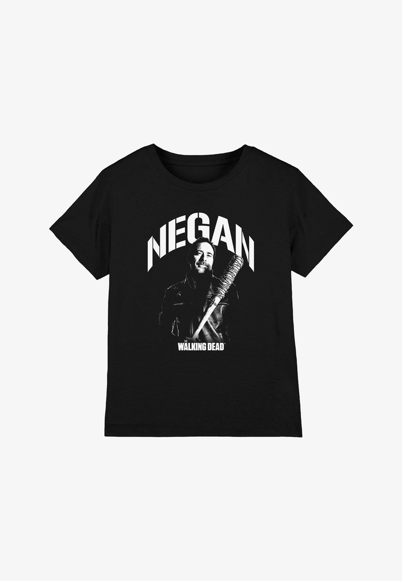 Schwarzes T-Shirt mit Grafik eines Mannes, der einen Stacheldrahtschläger hält, großem Text „NEGAN“ darüber und dem Logo von „The Walking Dead“ darunter.