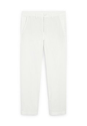 White cotton trousers featuring a straight leg design, two side pockets, a button closure, and a smooth texture.