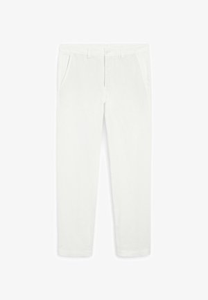 Weiße Baumwollhose mit einem geraden Bein-Design, zwei seitlichen Taschen, einem Knopfverschluss und einer glatten Textur.