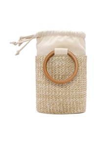 Borsa di stoccaggio in paglia intrecciata con una parte superiore in tessuto beige a coulisse, dotata di un manico circolare in legno e una superficie esterna texture.