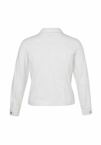 White denim jacket featuring a collared neckline, long sleeves, and buttoned cuffs. The back includes a yoke detail and curved seams.